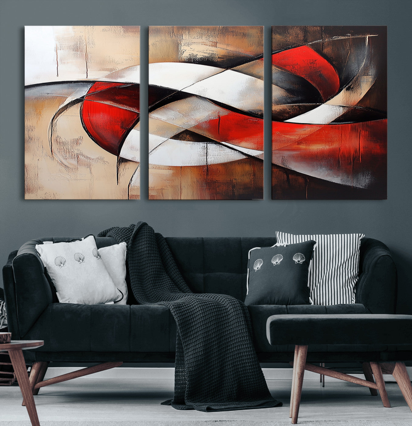 MGV-CV-60X30-3P - Abstract Wall Art - Modern Red and White Canvas Wall Art Print - Bold Geometric Abstract Canvas for