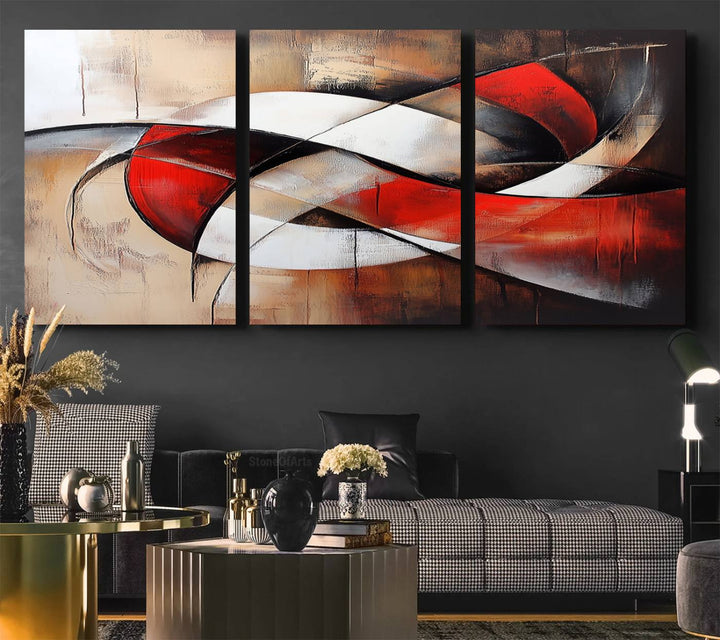 The Abstract Wall Art - Modern Red and White Canvas is displayed prominently in front of an entrance.