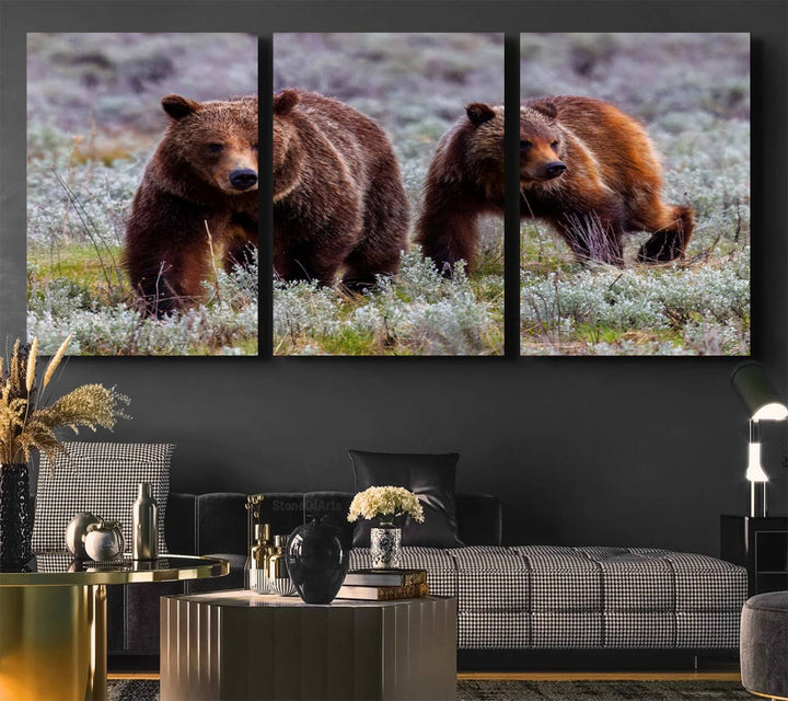 The "Grizzly 399 in Wild Flowers" wall art canvas print, showcasing grizzly bears amidst vibrant wildflowers, elegantly captures the enchanting essence of nature. This handmade piece from the USA brings striking beauty to any space.