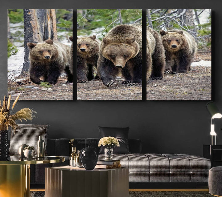 The wall art, a breathtaking canvas print titled "Queen of the Tetons," features 399 Grizzly Bear Cubs majestically captured in a forest setting. It is printed on premium canvas and handmade in the USA.