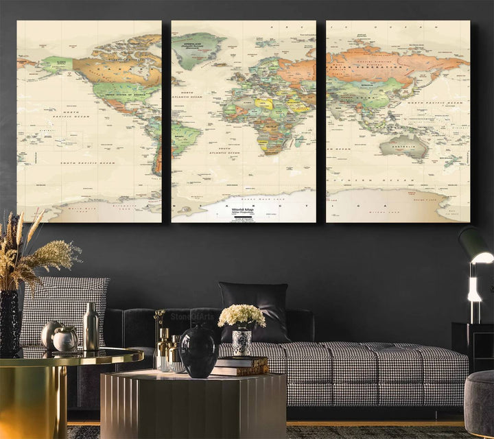 The Large Push Pin World Map Wall Art Canvas Print, with a gallery-quality finish, is carefully crafted on premium canvas and handmade in the USA. This piece adds a touch of elegance to any space.