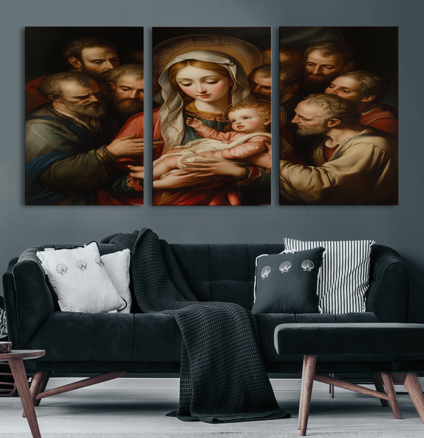 MGV-CV-60X30-3P - Religious Canvas Wall Art Print - Madonna and Child with Apostles Art Print - Classic Christian