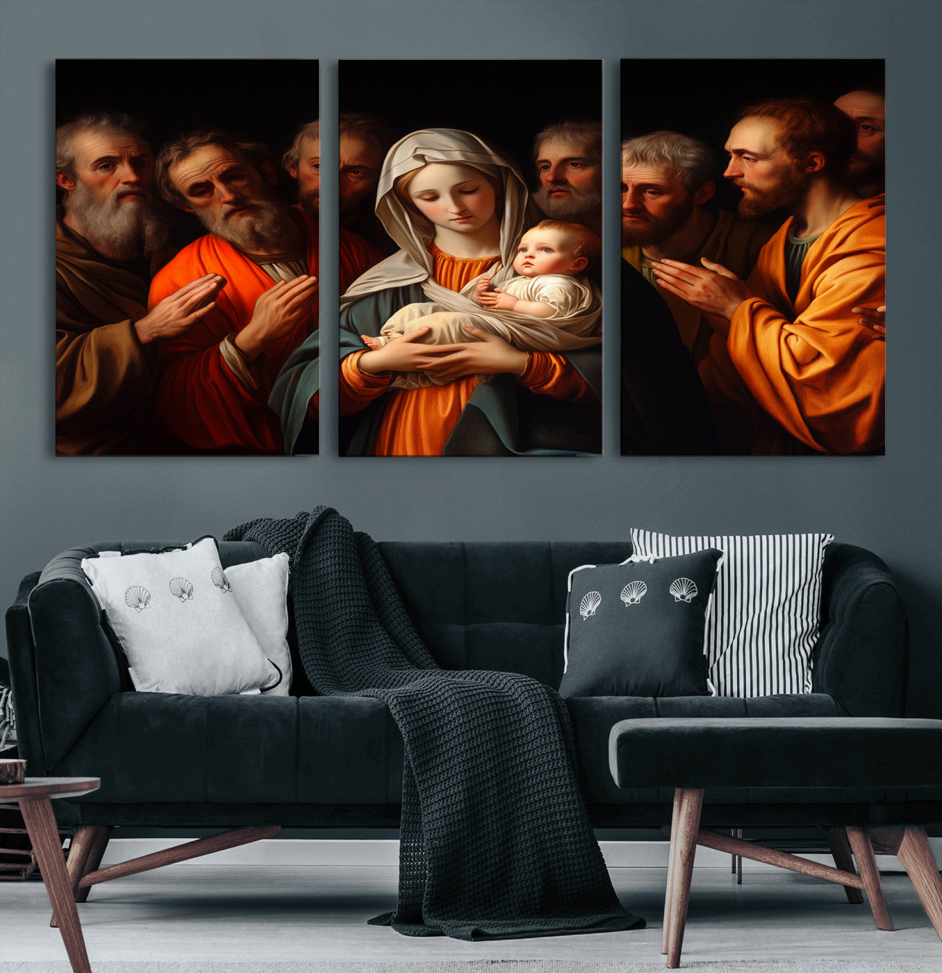 MGV-CV-60X30-3P - Religious Canvas Wall Art Print - Madonna and Child with Apostles Art Print - Classic Christian