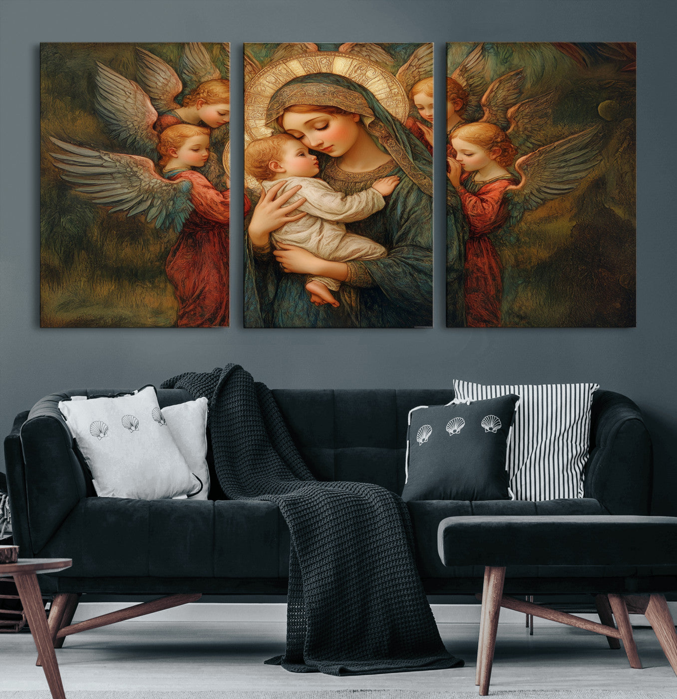 MGV-CV-60X30-3P - Mary Jesus Canvas Wall Art Print - Madonna and Child with Angels Art Print - Classic Christian