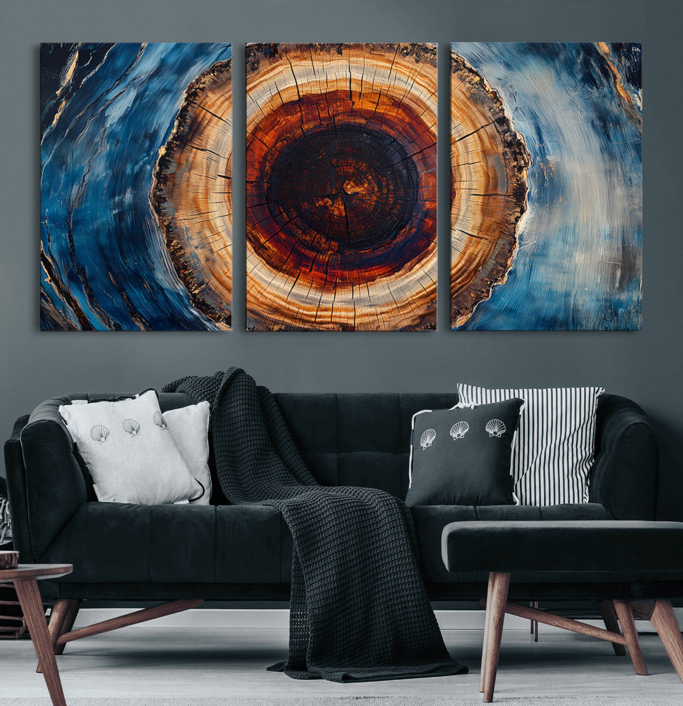MGV-CV-60X30-3P - Framed Abstract Tree Ring Wall Art Print, Natural Rustic Wood Texture Canvas Print, Wood Tree Stump
