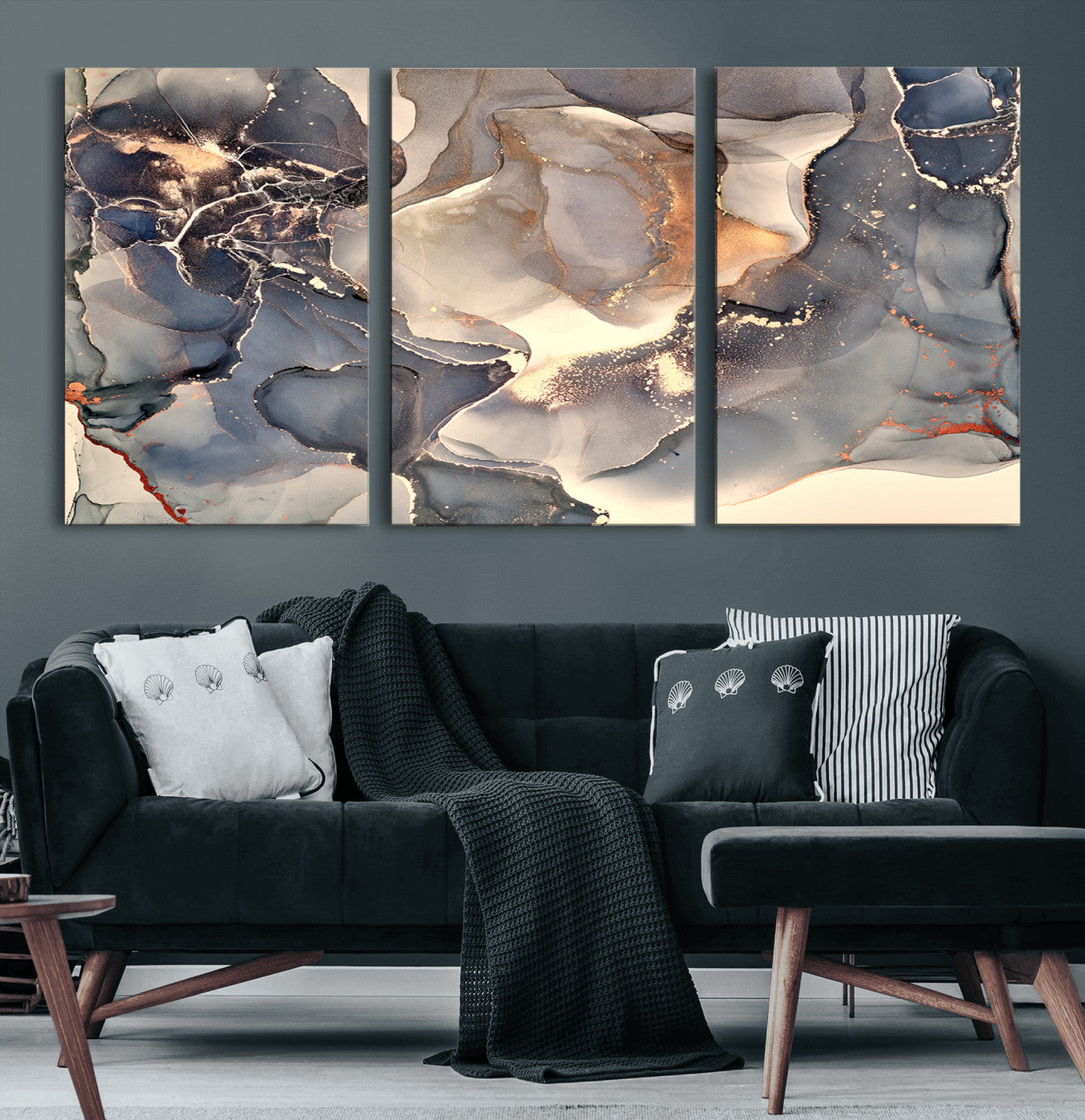 MGV-CV-60X30-3P - Abstract Blue and Gold Wall Art - Fluid Ink Artwork - Modern Luxury Wall Decor for Contemporary