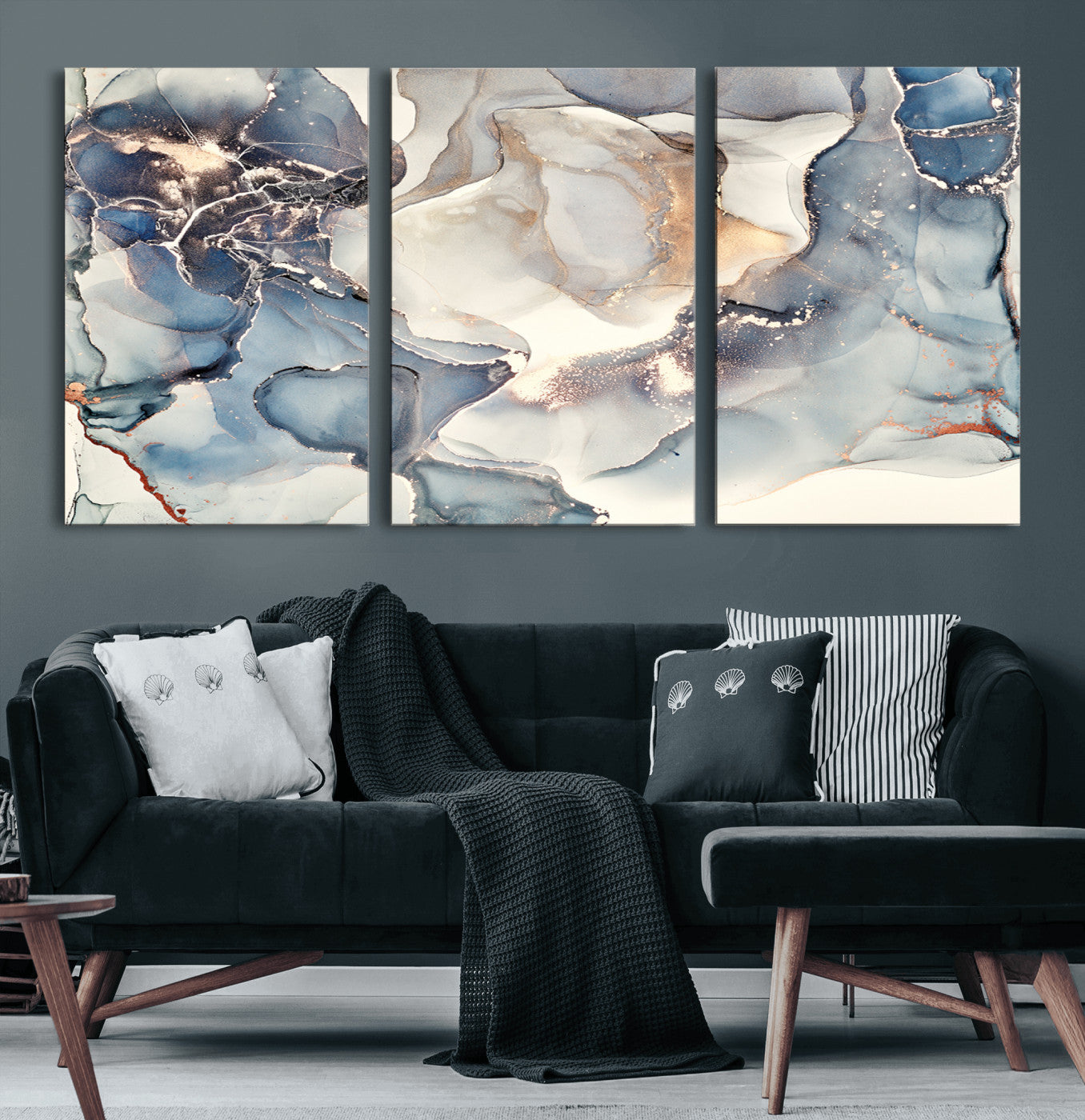 MGV-CV-60X30-3P - Abstract Blue and Gold Canvas Wall Art - Fluid Modern Ink Artwork - Modern Luxury Wall Decor for