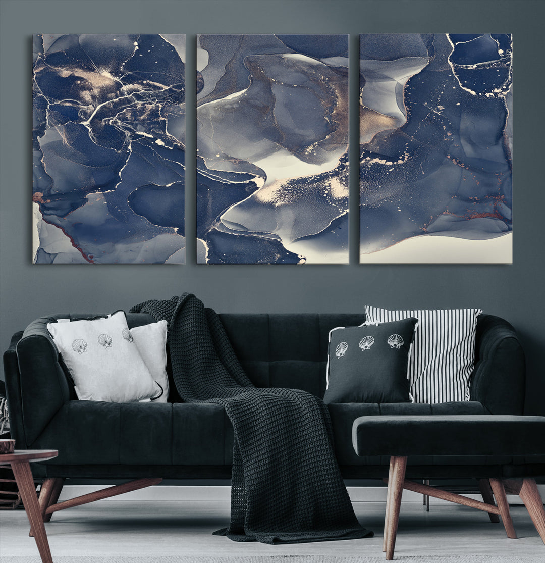 Large Abstract Blue and Gold Canvas Wall Art | Fluid Ink Artwork Print | Luxury Wall Decor for Contemporary Interiors | Framed Ready to Hang