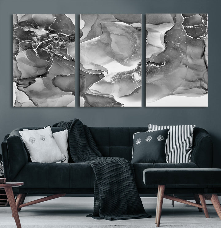 Black White Abstract Canvas Wall Art - Fluid Ink Artwork - Modern Luxury Wall Decor for Contemporary Interiors