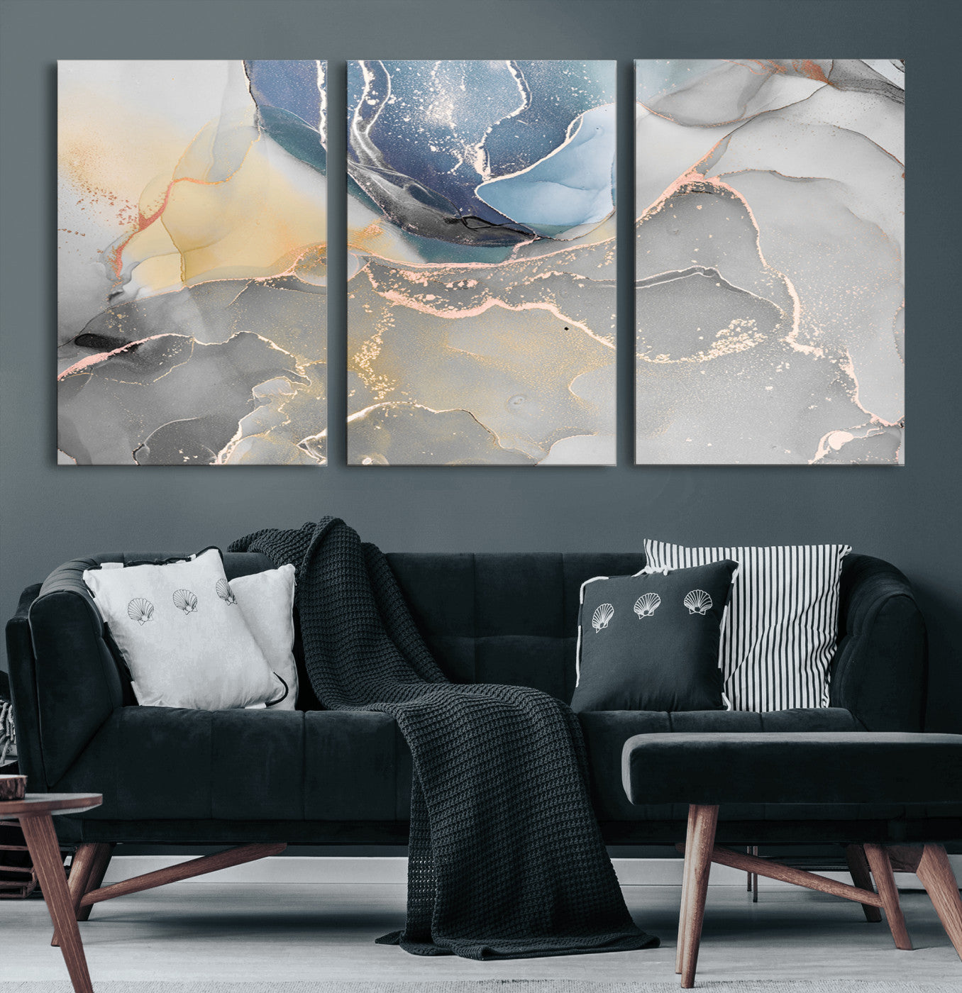 18176-MGV-CV-60X30-3P-Large Abstract Blue and Gold Canvas Wall Art | Fluid Ink Artwork Print | Luxury Wall Decor for