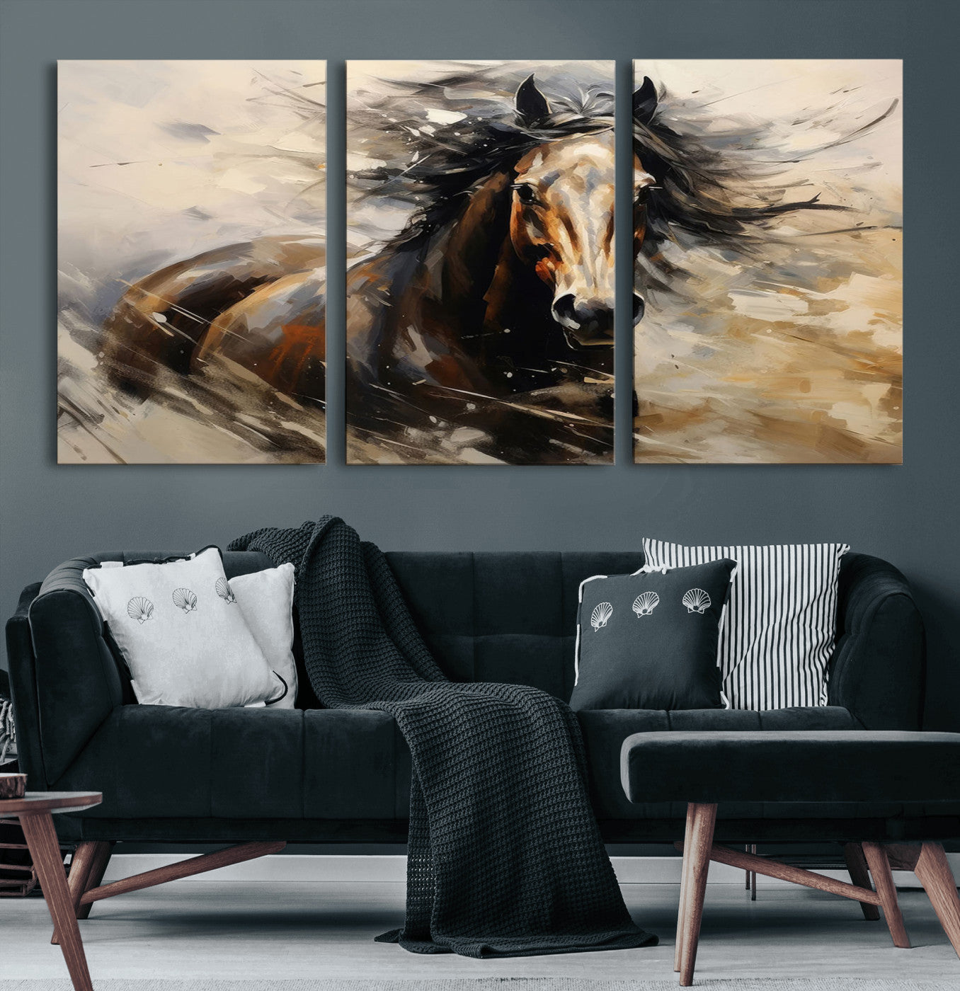 MGV-CV-60X30-3P - Abstract Wall Art Horse Print - Large Western Horse Canvas - Farmhouse Woodland Wall Art - Framed