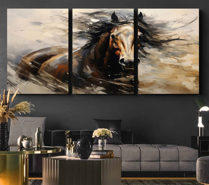 The Abstract Wall Art Horse Print adds rustic charm.