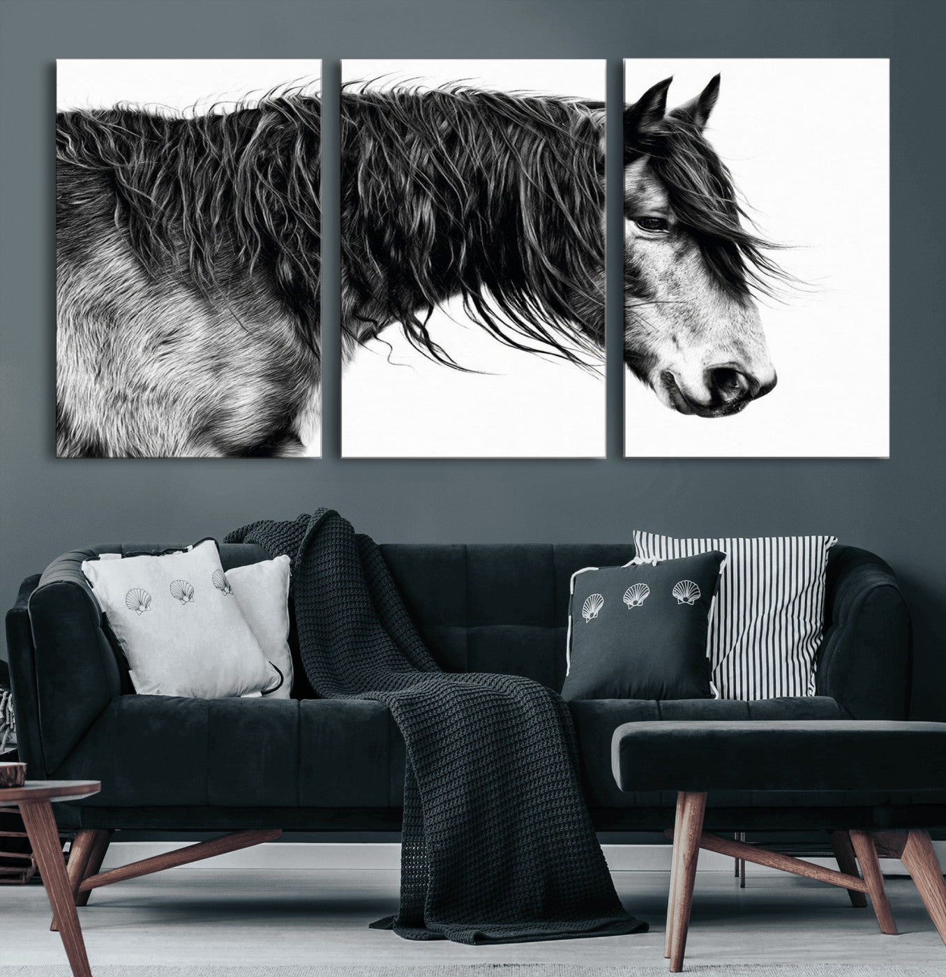 MGV-CV-60X30-3P - Black Horse Wall Art Canvas Print for Farmhouse Decor and Woodland Decoration