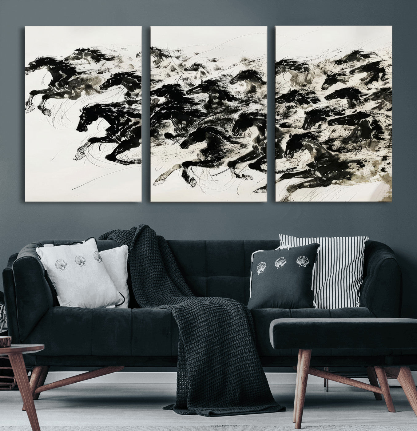 23069-MGV-CV-60X30-3P-Abstract Horse Wall Art Canvas Print - Dynamic Black Ink Horse Print - Modern Equine Wall Decor for