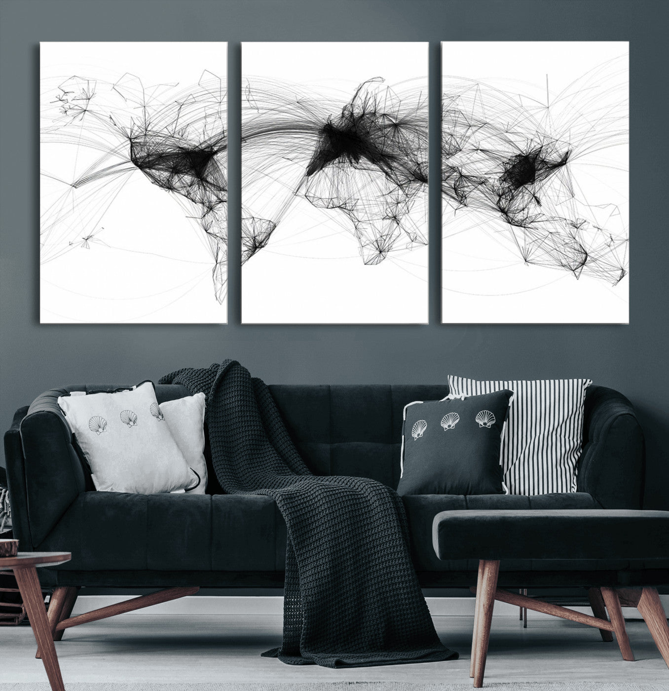 A minimalist abstract world map created from interconnected black lines representing global connectivity and communication networks.