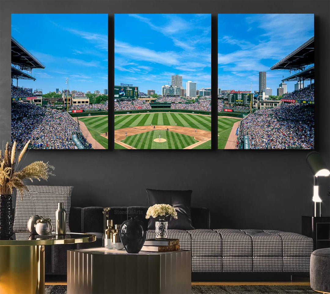 The Wrigley Field Chicago Cubs canvas art, depicting the iconic stadium, is perfect for sports lovers.