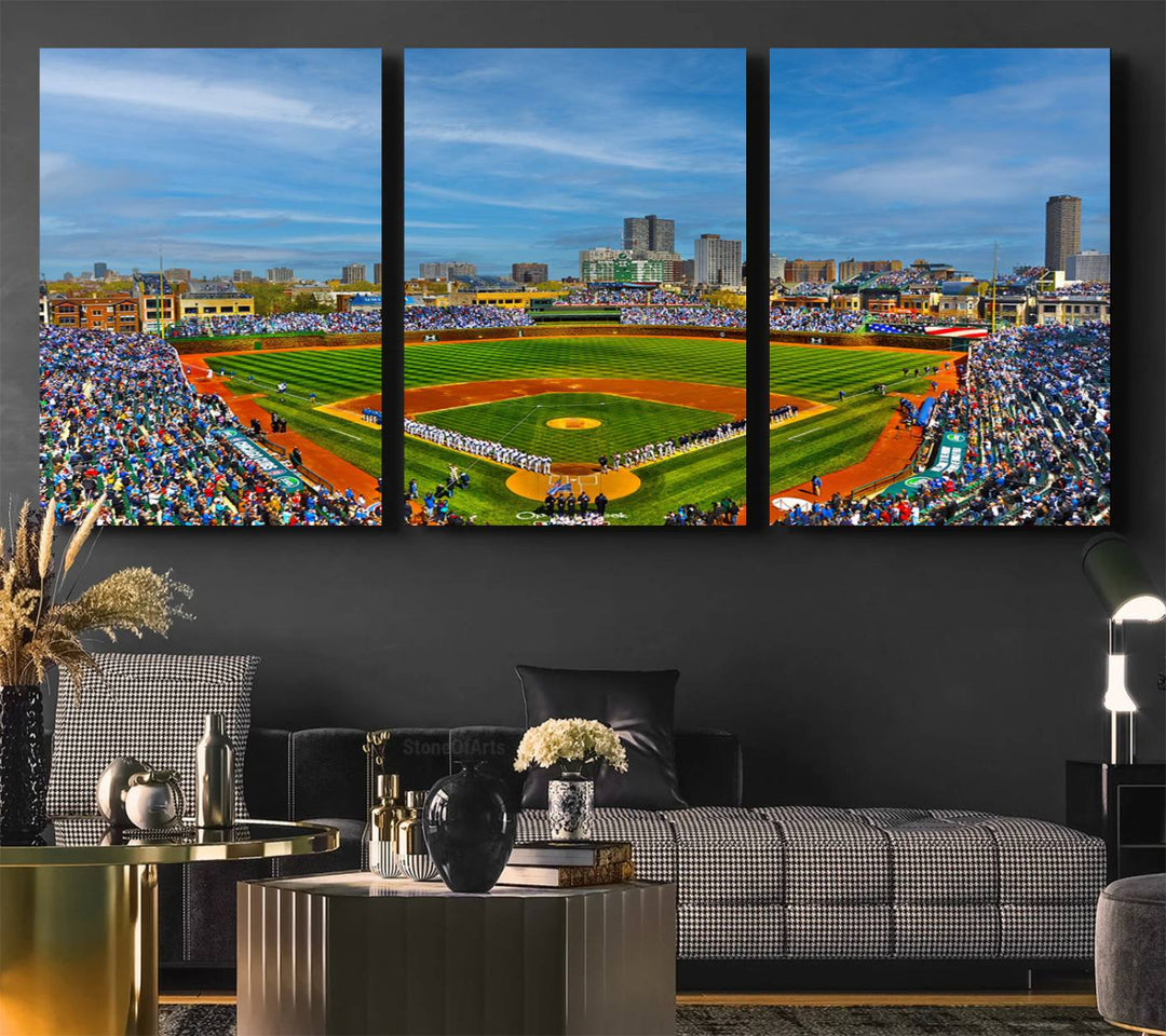 The Wrigley Field Cubs Panoramic Canvas Art hangs prominently in the modern living room.