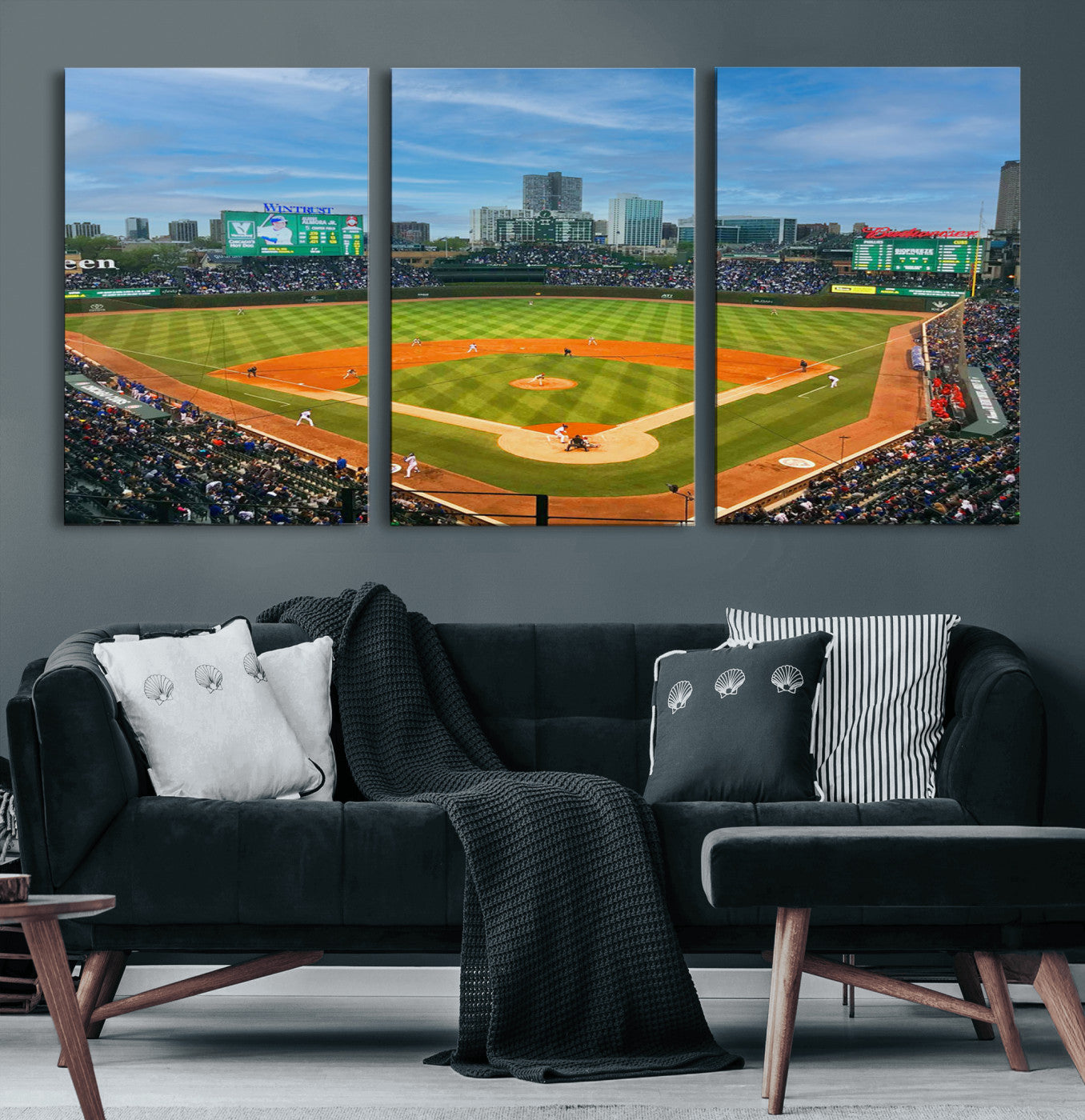 MGV-CV-60X30-3P - Wrigley Field Chicago Cubs Panoramic Multi Piece Canvas Wall Art - Iconic Baseball Stadium Print for
