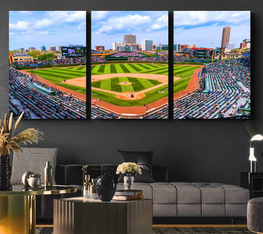 A 3-piece panoramic canvas wall art showcases an aerial view of a packed Chicago Cubs game at Wrigley Field, perfect for sports lovers.