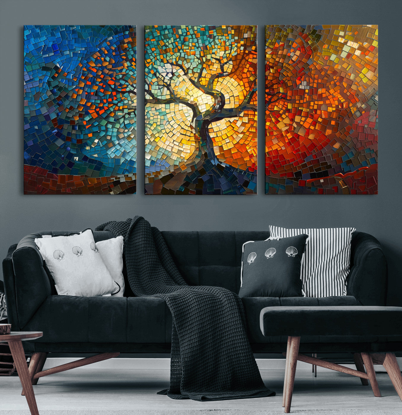 66056-MGV-CV-60X30-3P-Yggdrasil Tree of Life Mosaic Stained Glass Wall Art Canvas, Yggdrasil Tree of Life Mosaic Canvas
