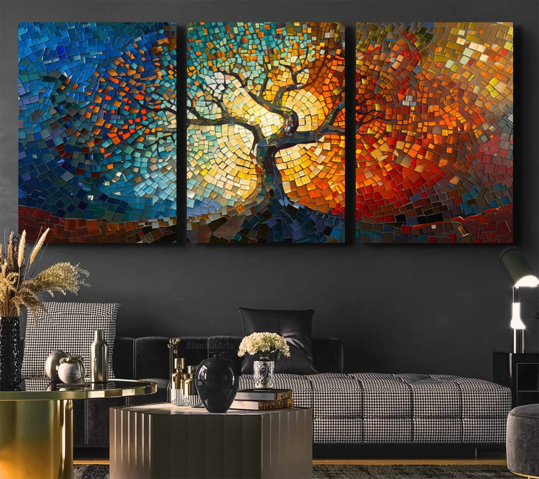 Mosaic Tree Canvas Wall Art: A stunning stained glass-inspired Tree of Life featuring blue and orange swirling patterns reminiscent of a sunburst.