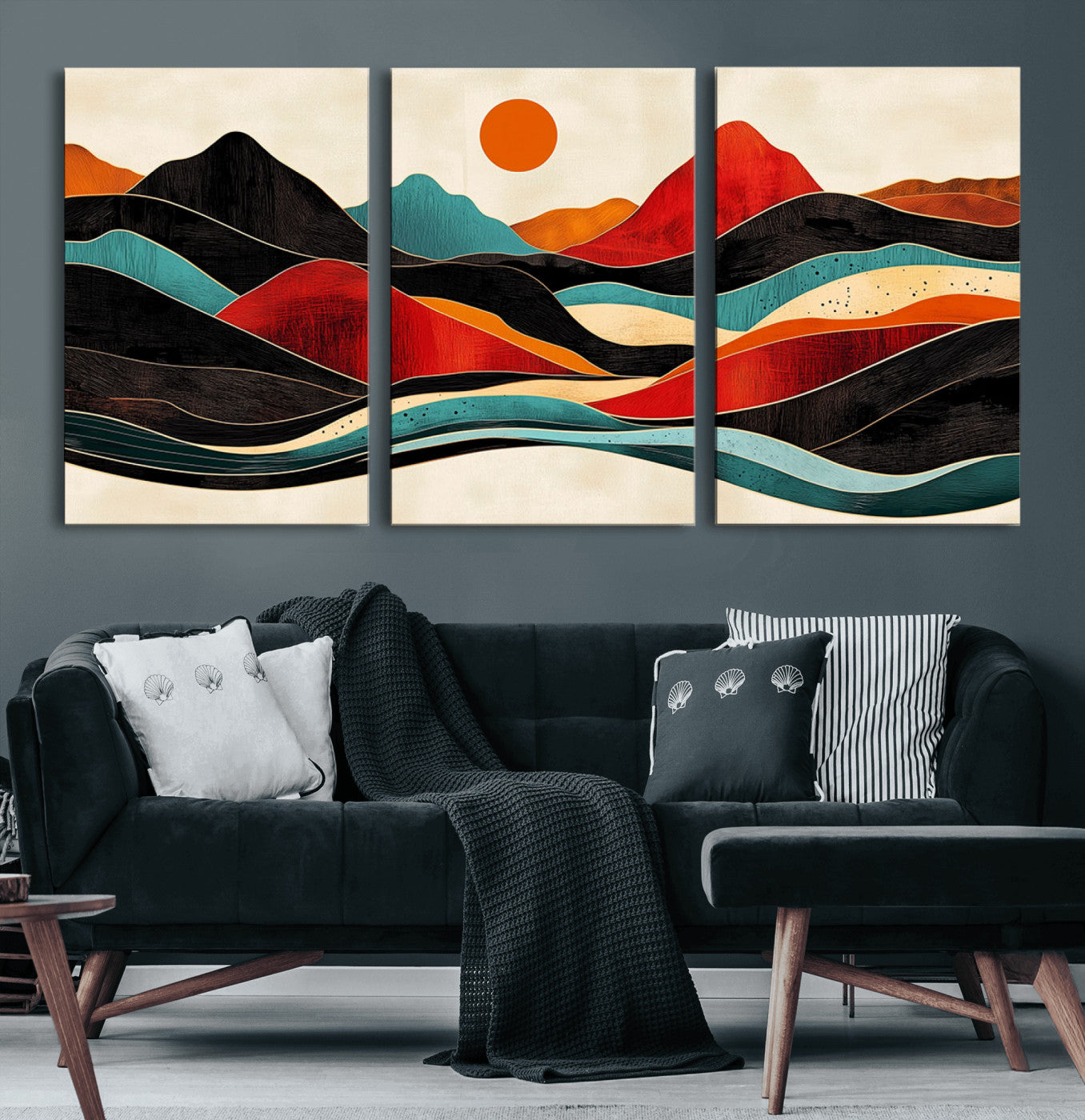 MGV-CV-60X30-3P - Western Wall Decor - Large Triptych Mountain Canvas - Boho Woodland Wall Art Print - Framed