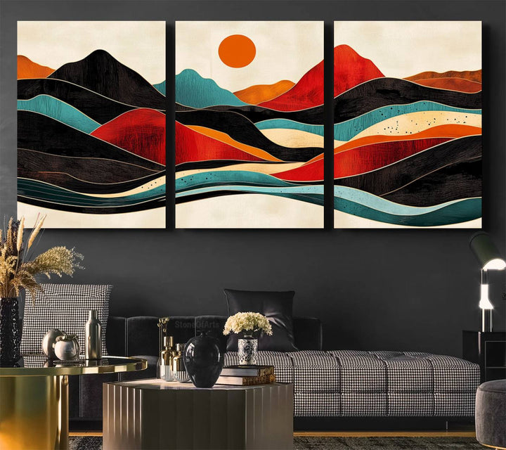 The Colorful Western Triptych Canvas features a vibrant mountain and sun design, making it perfect for modern kitchens or log cabin walls.