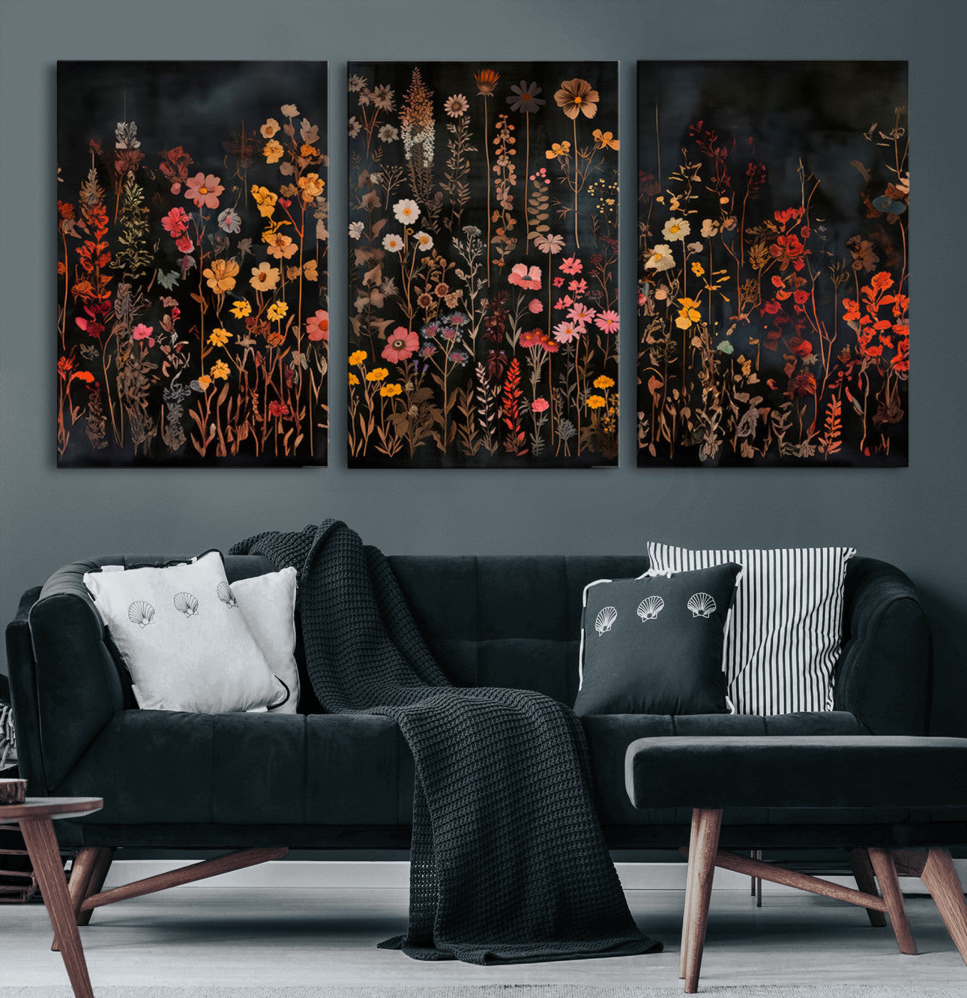 MGV-CV-60X30-3P - Dark Floral Canvas Wall Art - Moody Botanical Flower Print - Rustic Floral Wall Decor for Home -