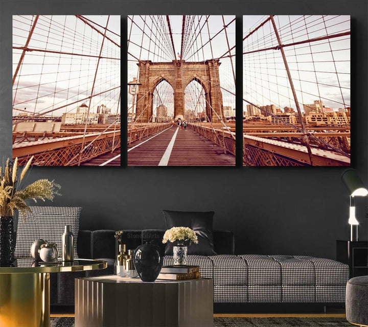 The three-panel "Wall Art New York Manhattan Cityscape Canvas Print" of the Brooklyn Bridge makes an ideal addition to minimalist interiors, capturing the essence of abstract expressionism.