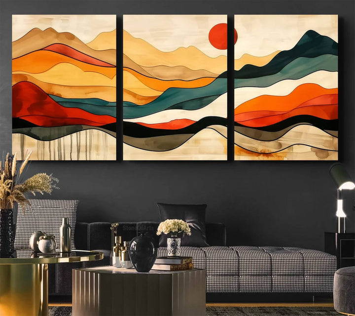 Triptych of Mid Century Mountain Wall Art.