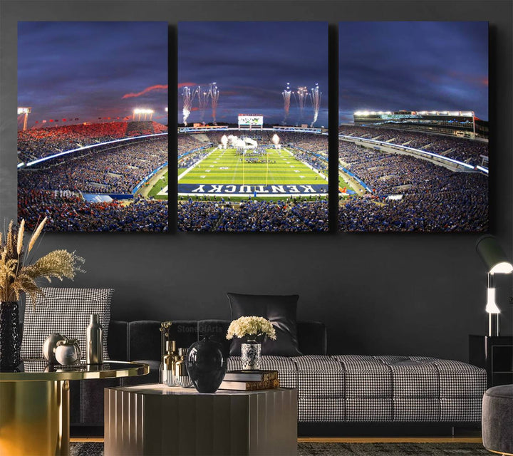 A filled stadium at dusk and fireworks overhead are beautifully captured in the Kroger Field Canvas Wall Art - Sunset Football Stadium Decor.