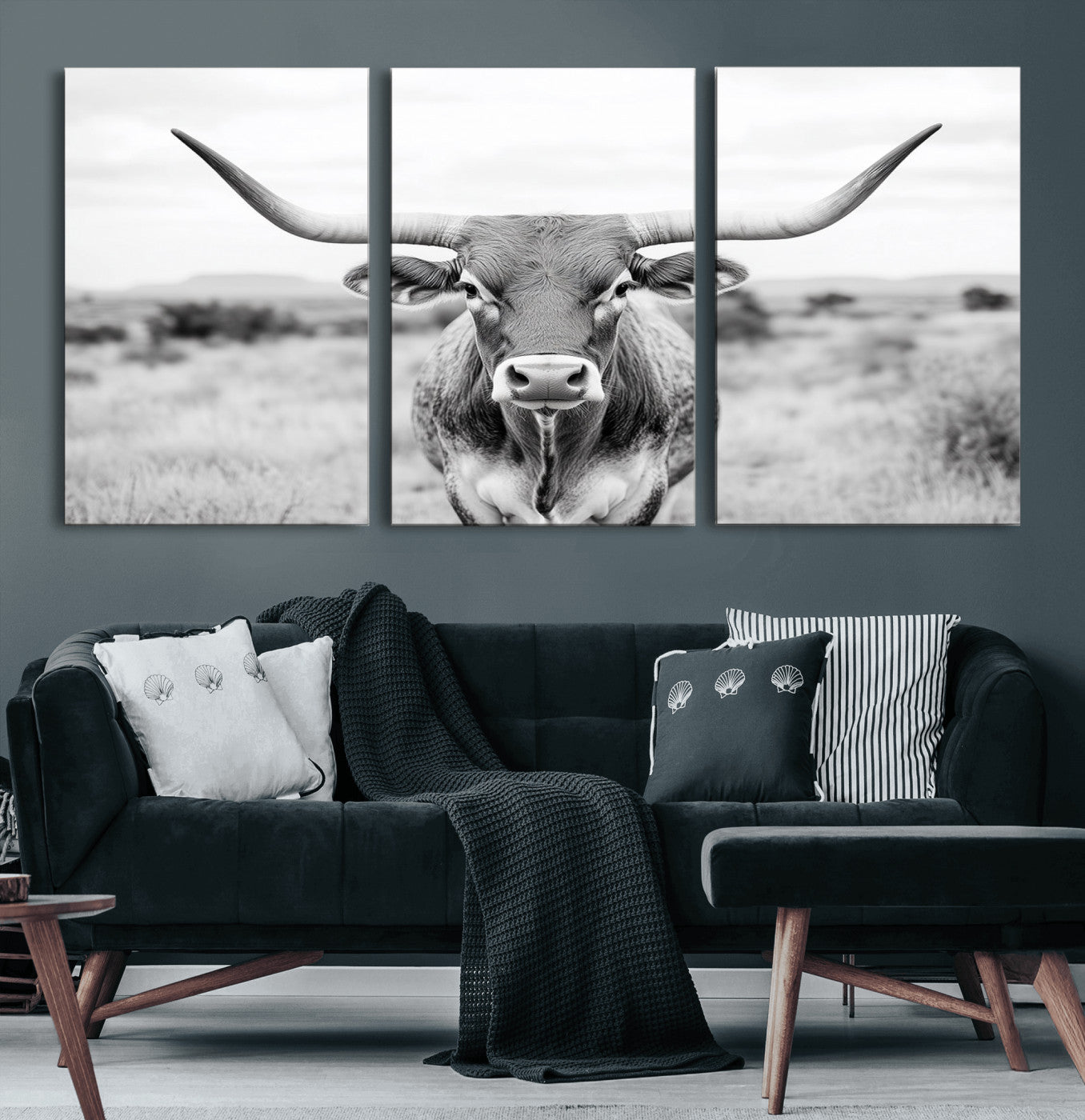 MGV-CV-60X30-3P - Highland Cow Wall Art Print - Black and White Texas Western Longhorn Canvas - Farmhouse Decor Print