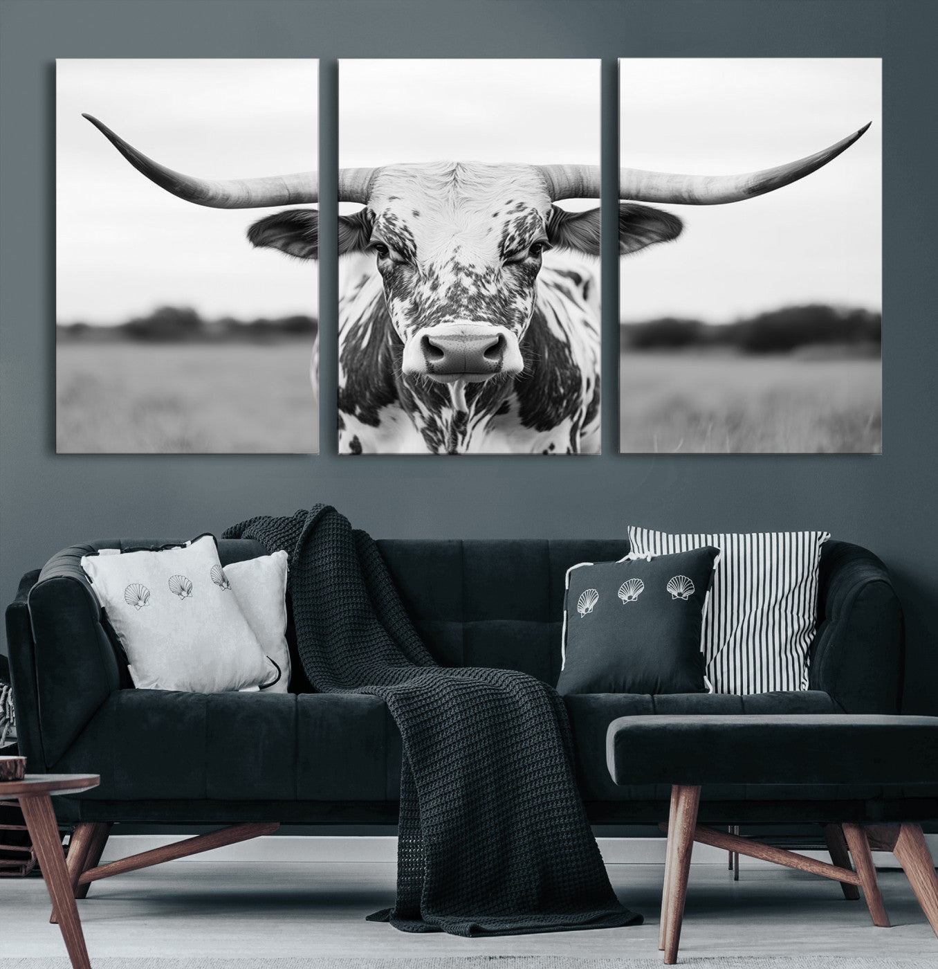 MGV-CV-60X30-3P - Highland Cow Wall Art - Black and White Western Longhorn Canvas Print - Farmhouse Living Room Decor