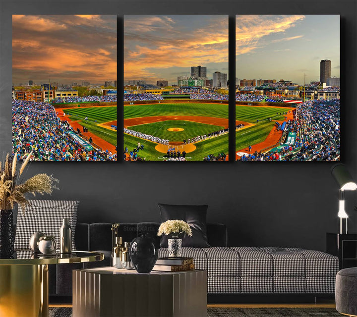 Aerial view of Wrigley Field at sunset against a vibrant sky, creating the perfect Chicago Wrigley Field Canvas Wall Art.