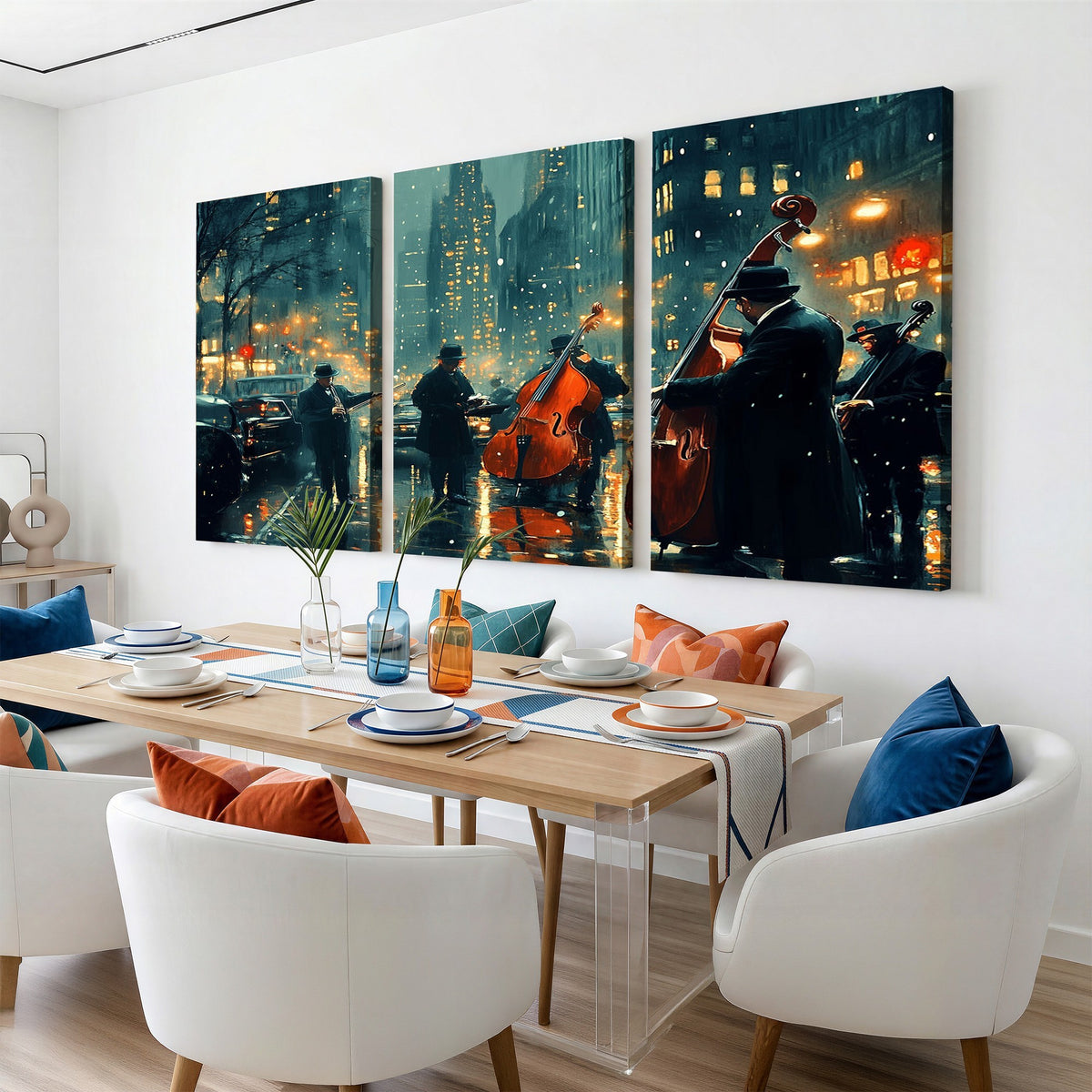 53391-MGV-CV-24X16 - Urban Night Jazz Wall Art Canvas Print | Moody Rain Soaked City Street Band Scene