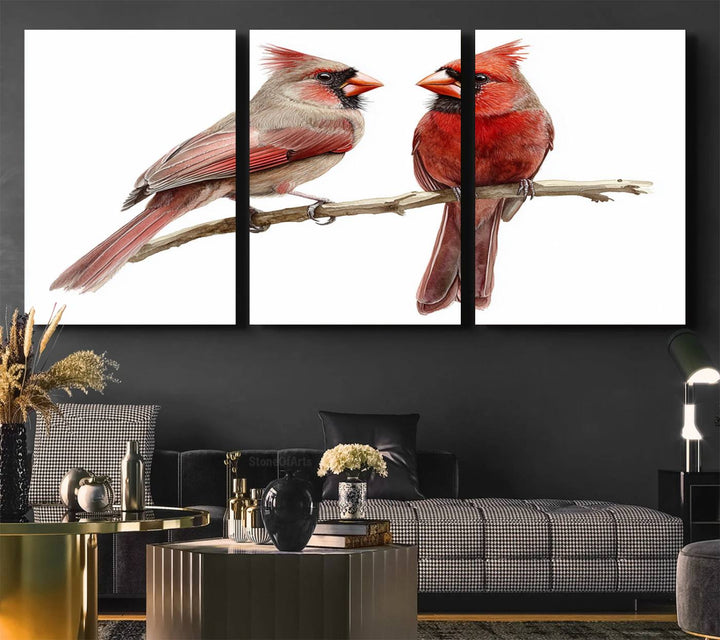 The Cardinal Bird Canvas Wall Art showcases two cardinals on a branch.