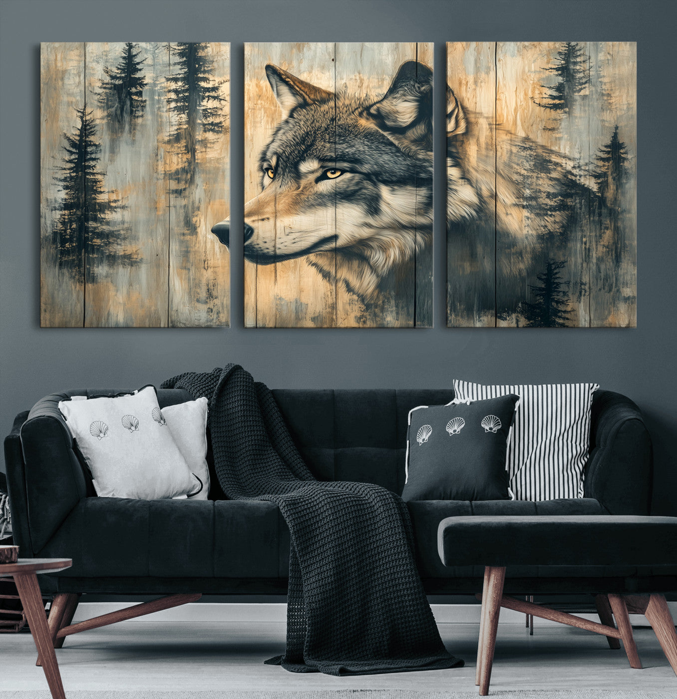 51892-MGV-CV-60X30-3P-Wood Style Rustic Wolf Wall Art Canvas Print, Vintage Woodland Wolf Wall Art, Framed Wood Style Wolf