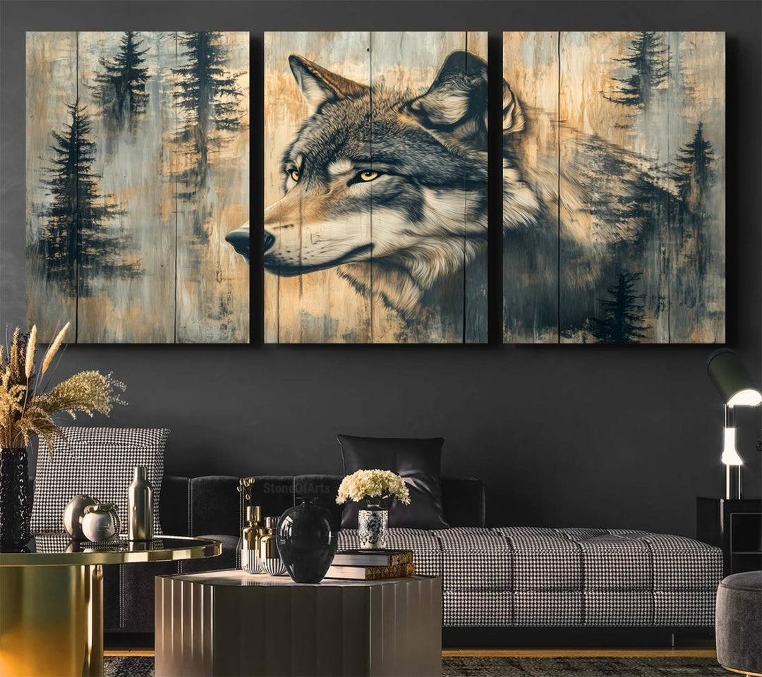 Above the counter is a Wood Style Rustic Wolf Wall Art Canvas Print.