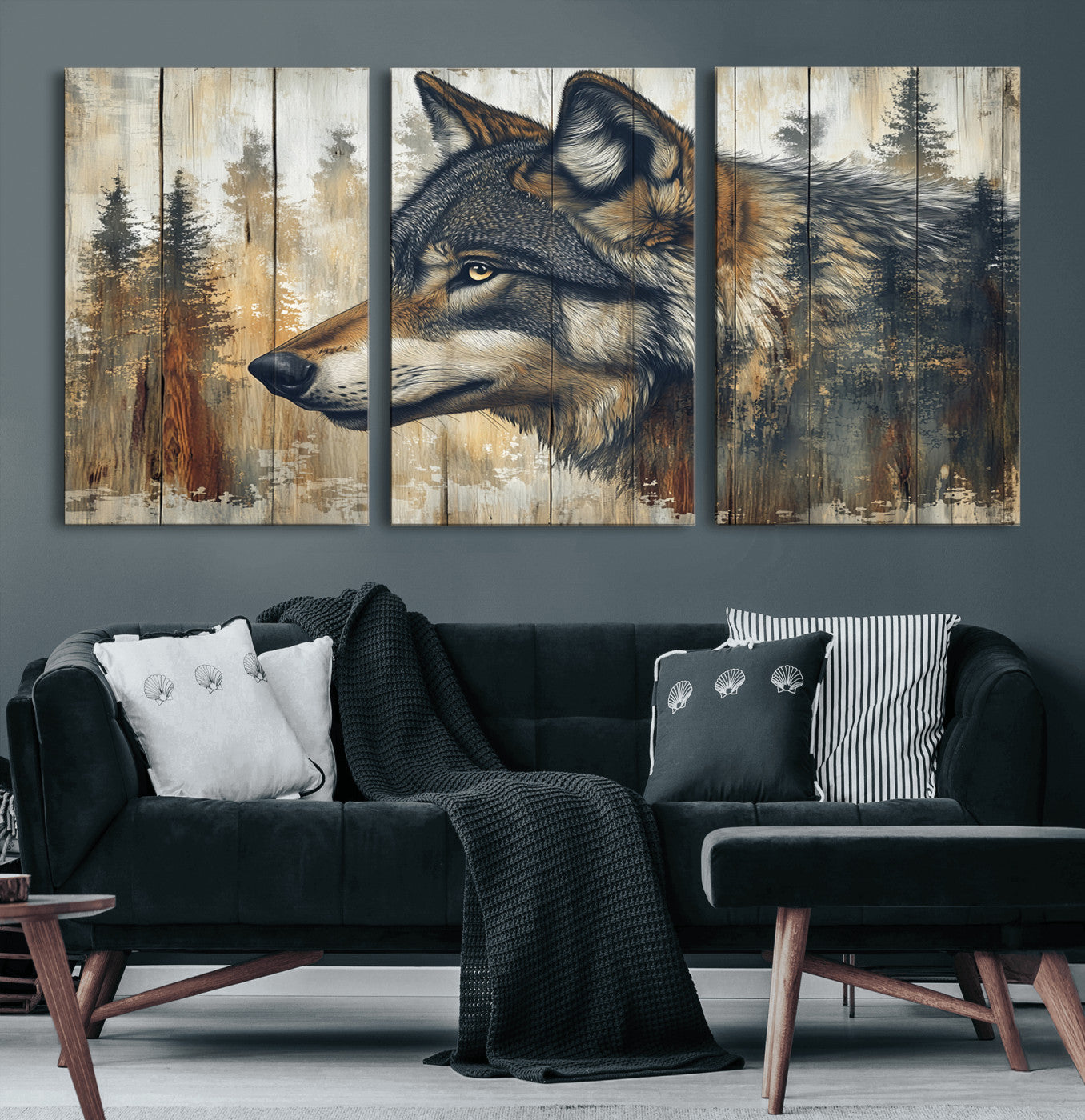 91882-MGV-CV-60X30-3P-Rustic Wolf Wall Art Canvas Print, Vintage Woodland Wolf Wall Art