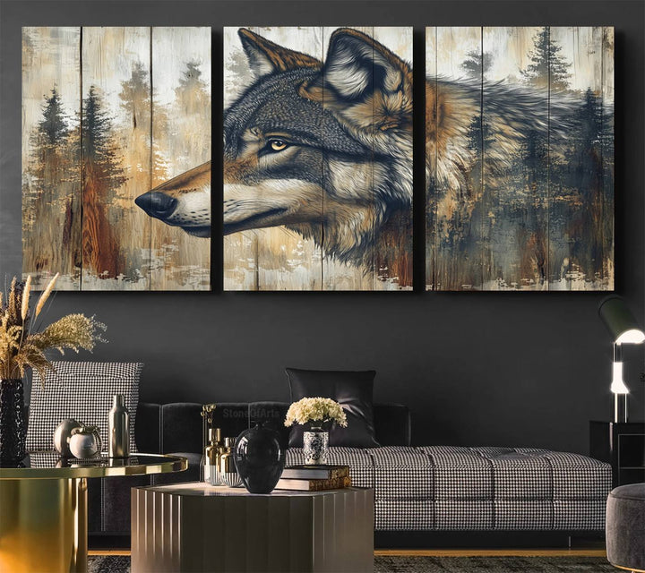 A kitchen dining area features Rustic Wolf Wall Art.