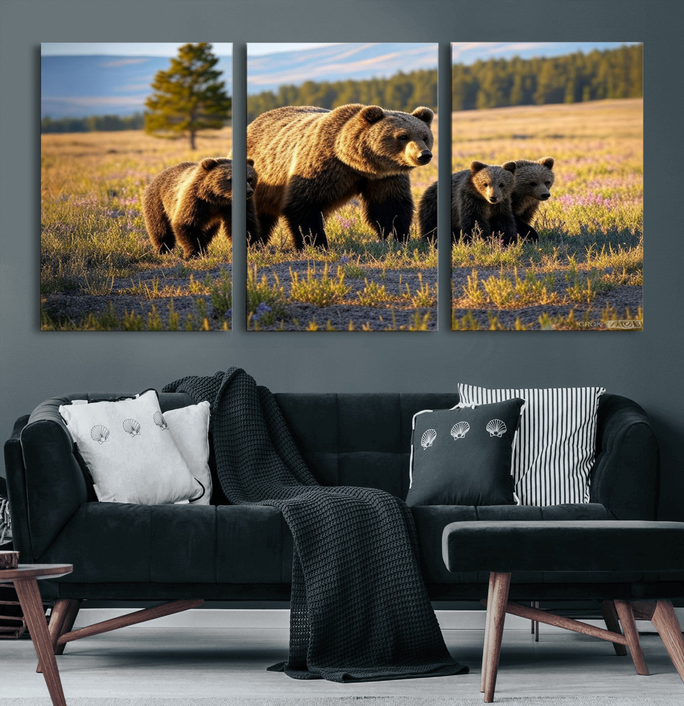 MGV-CV-60X30-3P - Grizzly 399 in Wild Flowers Wall Art Canvas Print, Grizzly Bears Wall Art, Queen of Grand Teton