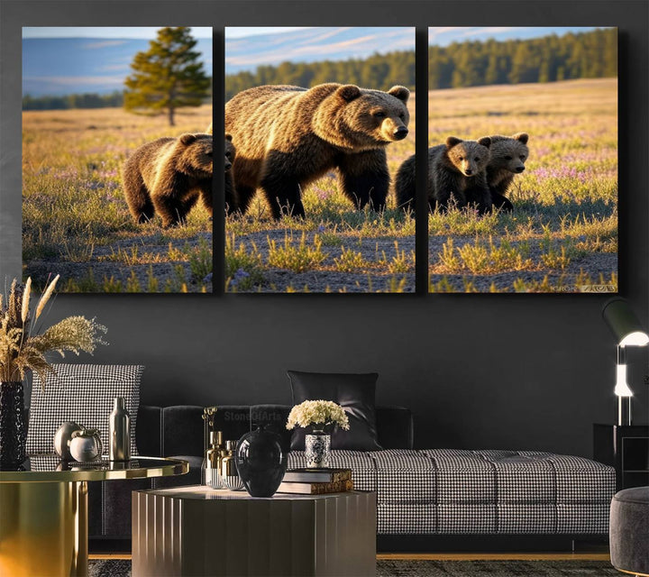 The dining room showcases the Grizzly 399 in Wild Flowers wall art.