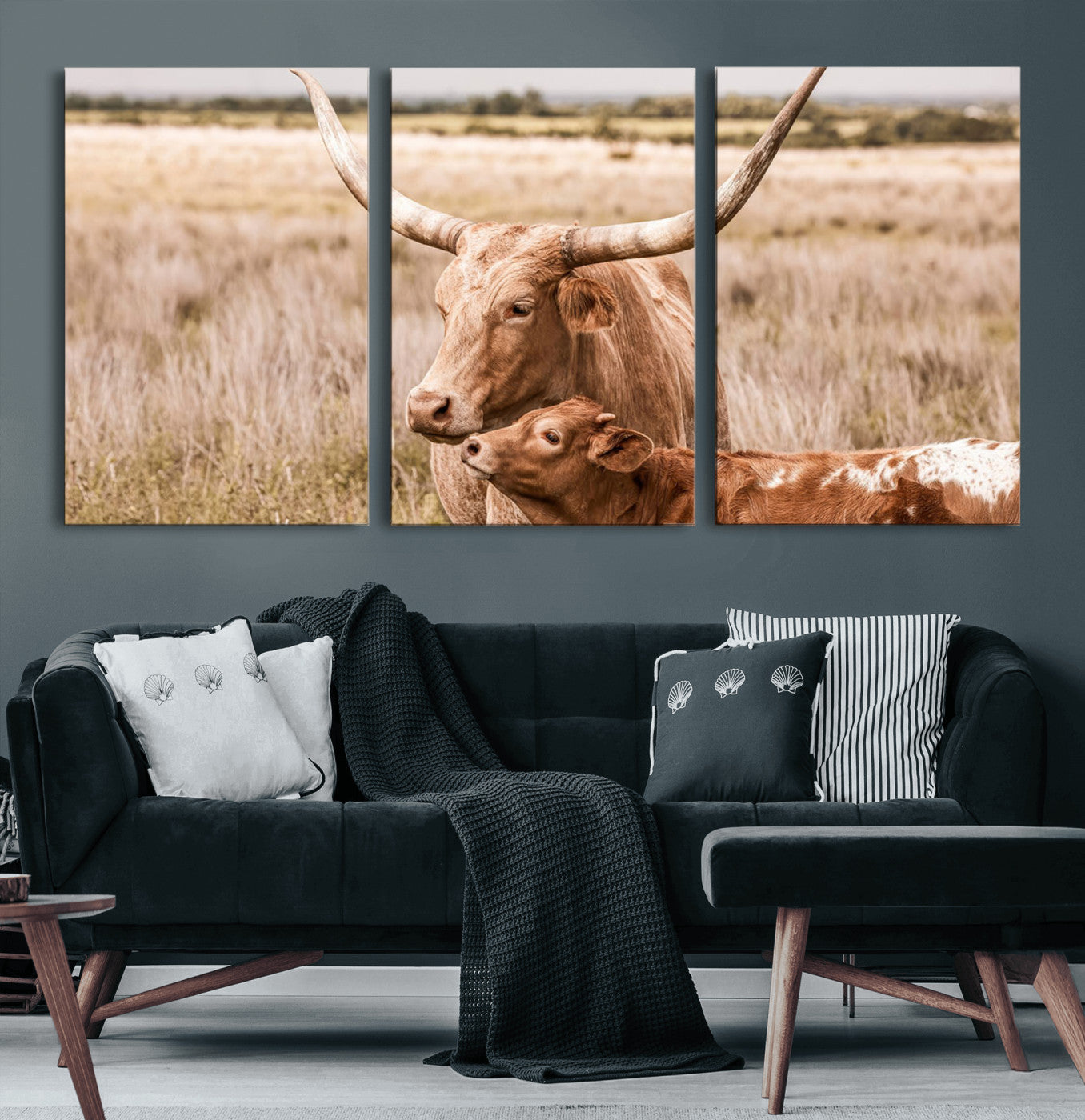 MGV-CV-60X30-3P - Texas Longhorn Cow Wall Art Canvas Print for Farmhouse Wall Art, Texas Decor, Western Wall Art Print