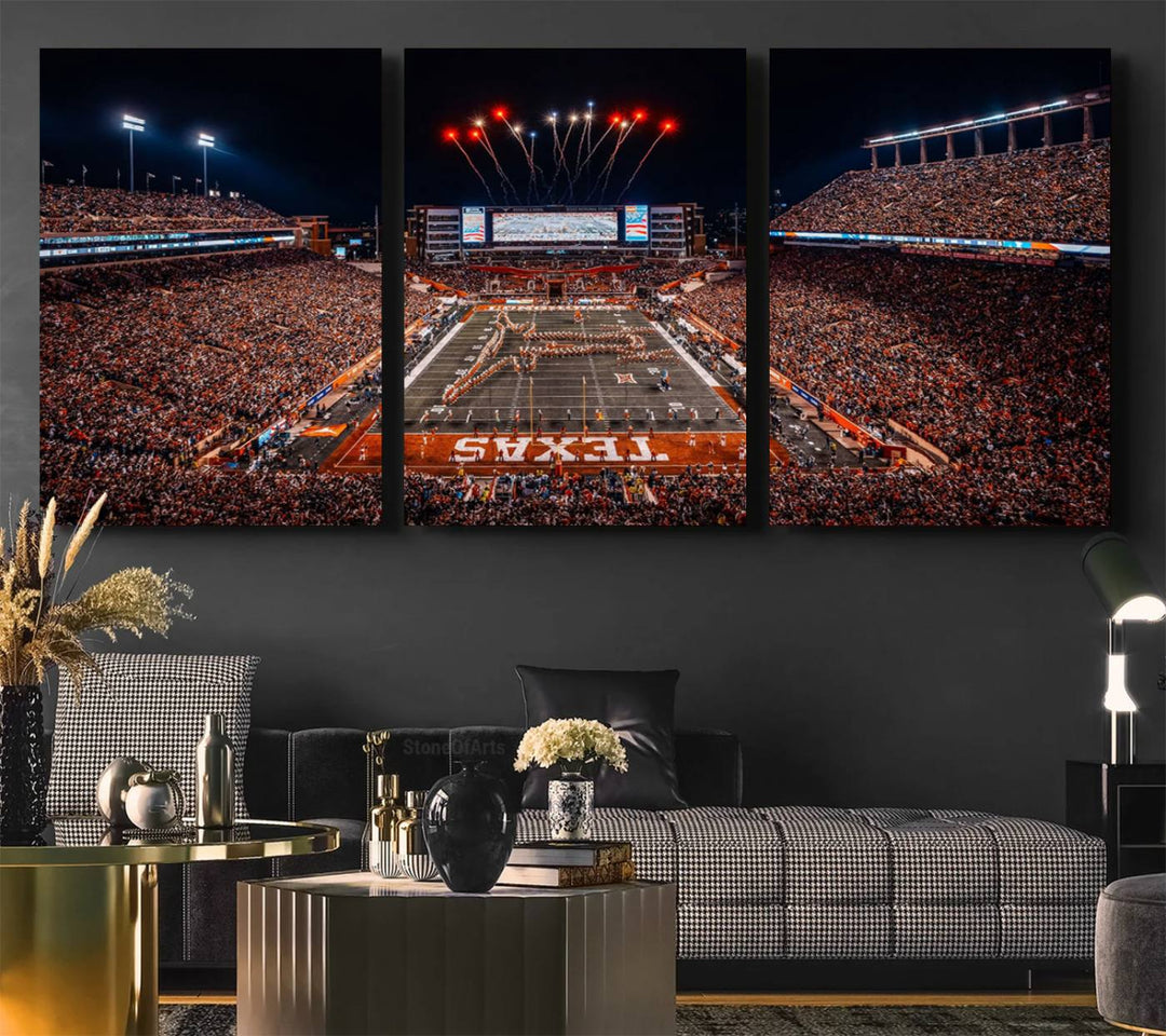 A Texas Memorial Stadium canvas print with fireworks embellishes the modern living room.