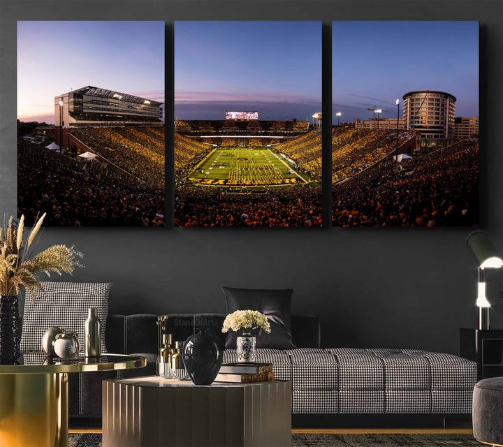 The Iowa Hawkeyes Kinnick Stadium Wall Art Canvas Print captures a sunset scene, making it perfect for display on a wall.