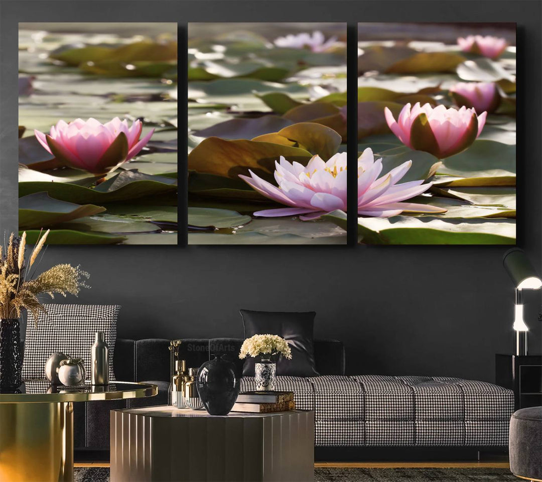 The dining room features the Water Lily Large Canvas Print.