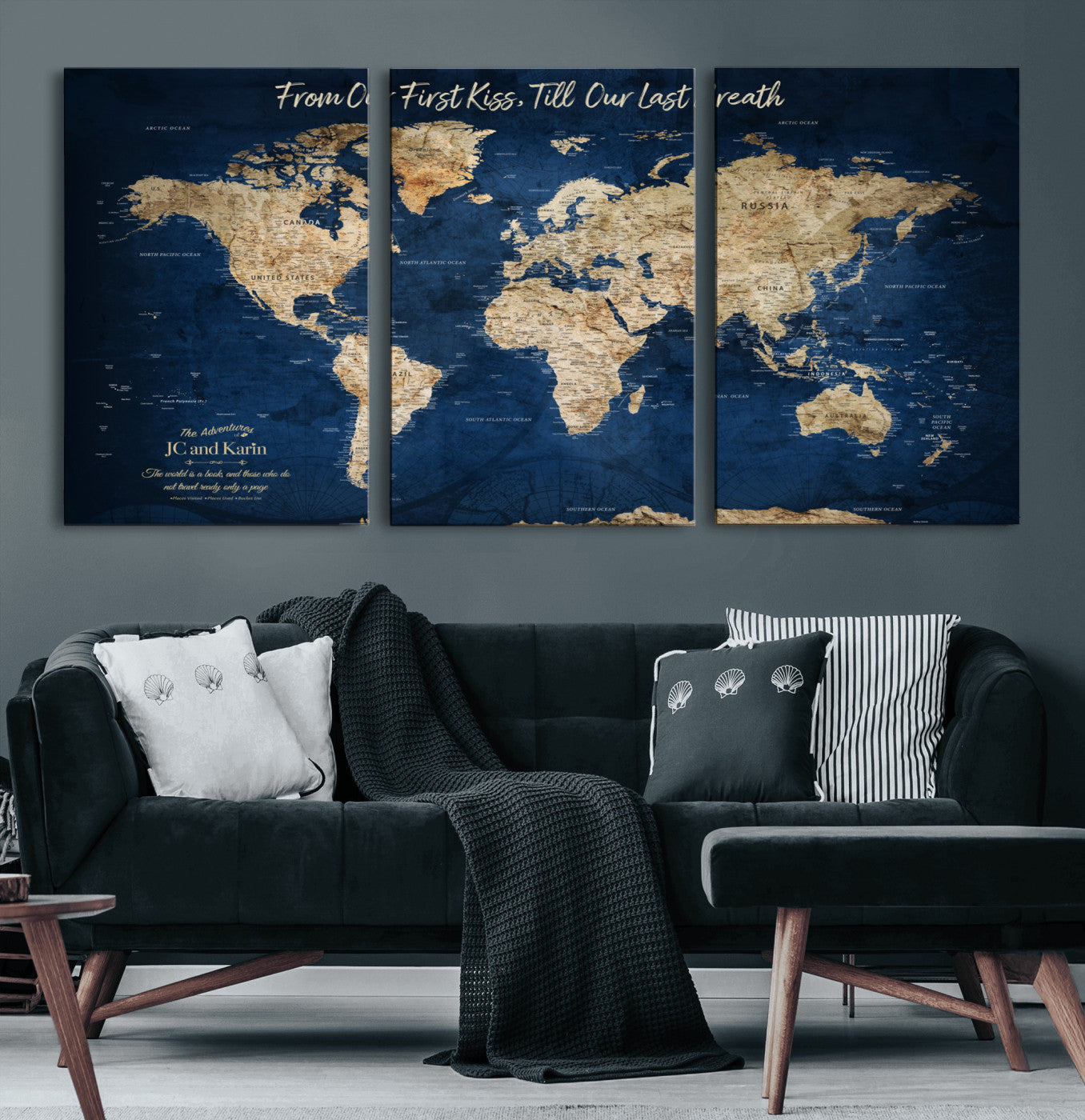 MGV-CV-60X30-3P - Push Pin World Map Canvas Print – Framed Wall Art for Couples to Track Their Travels – Anniversary