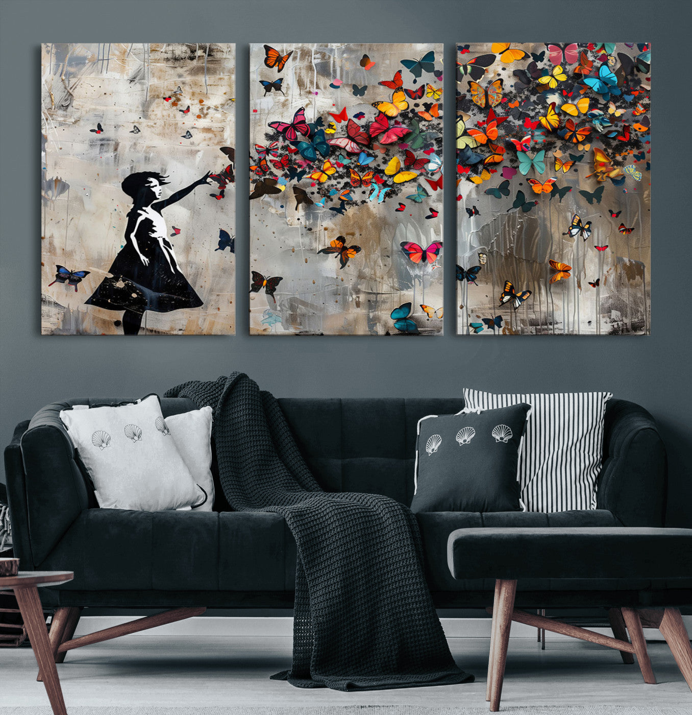 51446-MGV-CV-36X24 - Framed Banksy Butterfly Girl Wall Art ,3-Piece Butterfly Girl Canvas, Modern Graffiti Canvas Print