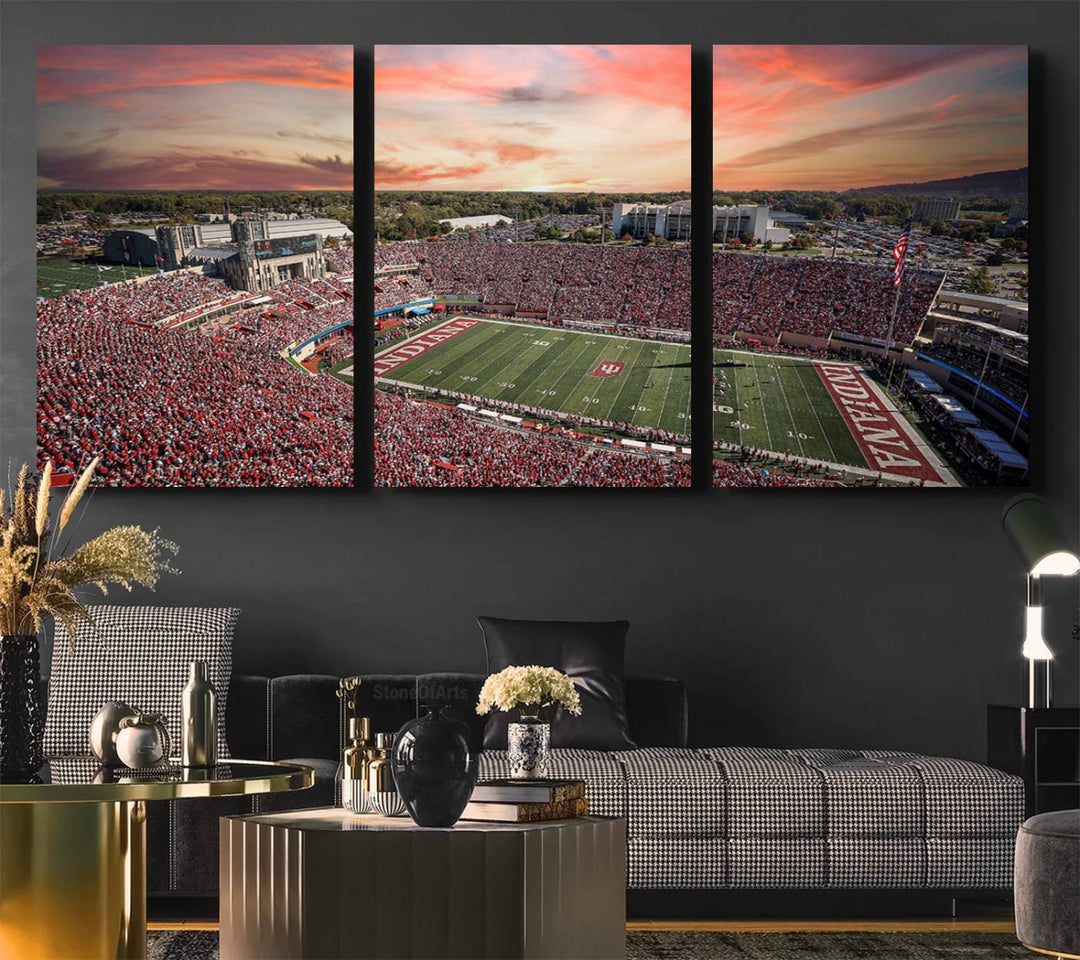 Gallery-quality Indiana Memorial Stadium Wall Art Canvas: A stunning view of the stadium at sunset.