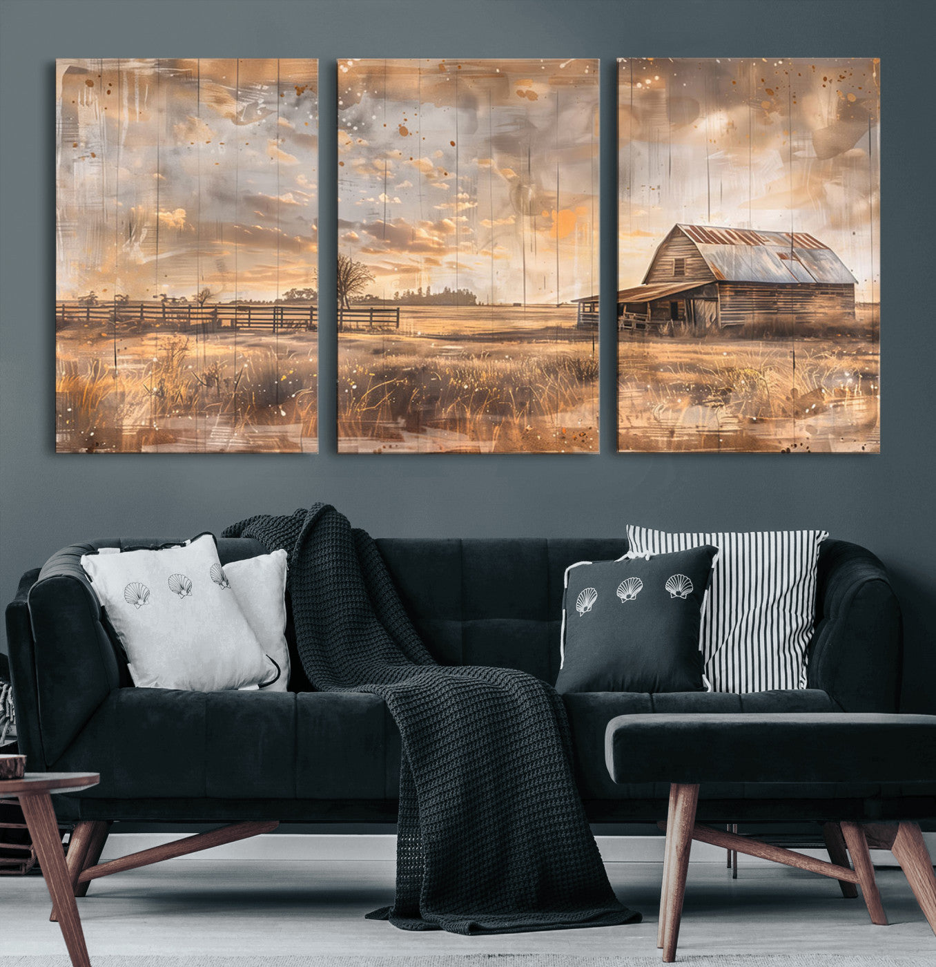 FARM2-MGV-CV-60X30-3P-Rustic Farmhouse Wall Art Canvas Print | Barn and Field Canvas Print | Vintage Country Landscape